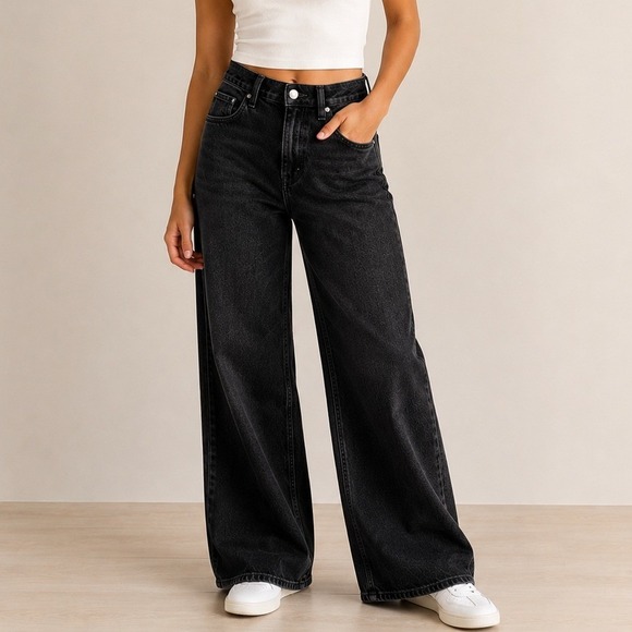 Quince Denim - Quince Bella Stretch Wide Leg Jeans Denim Date Trip Vaca Black 26 Regular NWT